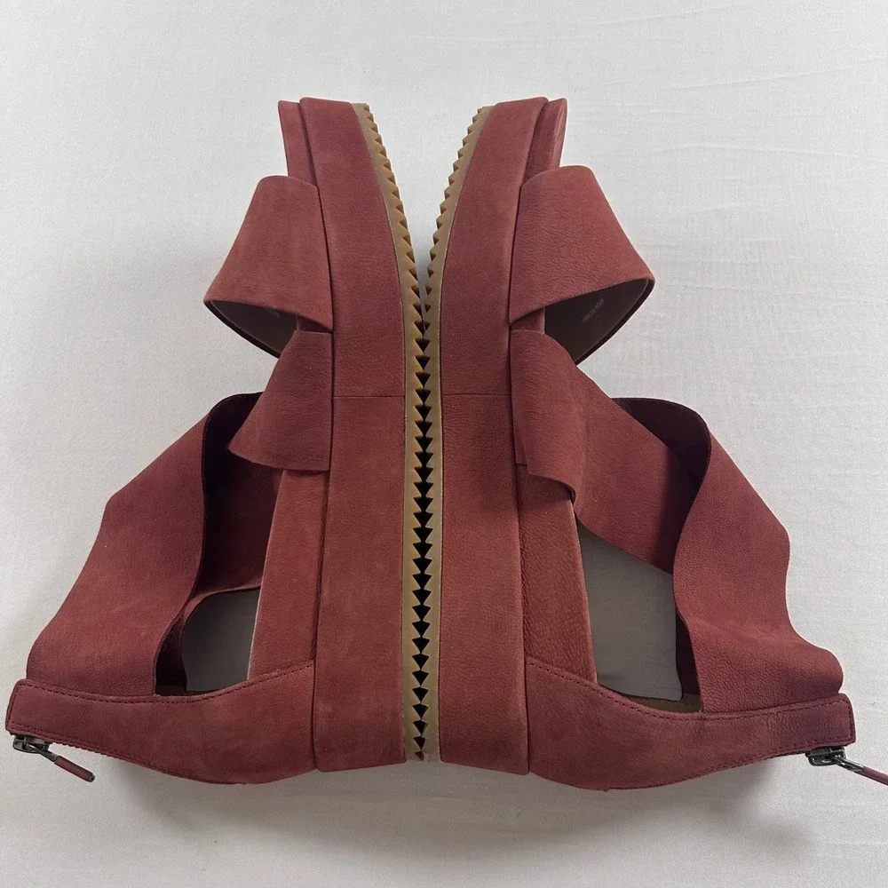 Eileen Fisher Elon Platform Wedge Sandals Womens 8.5 Dusty Red Nubuck Leather